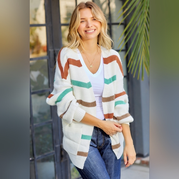 Women's Striped Open Front Dropped Shoulder Cardigan - Picture 6 of 6